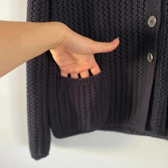 Les Copains Women Classic Loose Knit Cotton Cardigan Navy XL Italy Preppy Staple - Picture 11 of 13